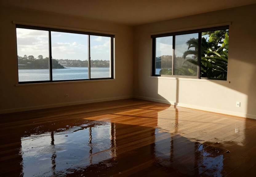 Flood-damaged living room in Ramsgate before restoration